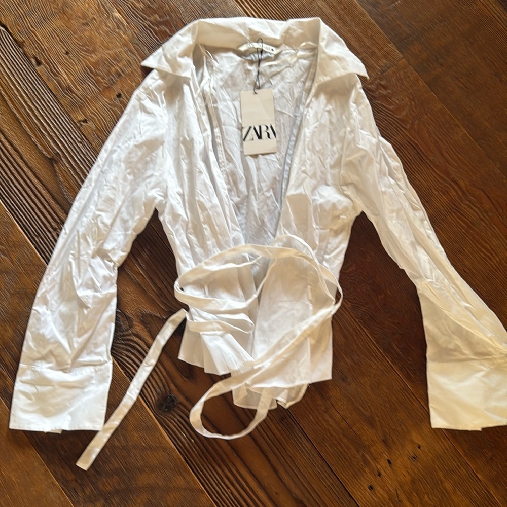 Zara White Poplin Blouse with Tie Sz S